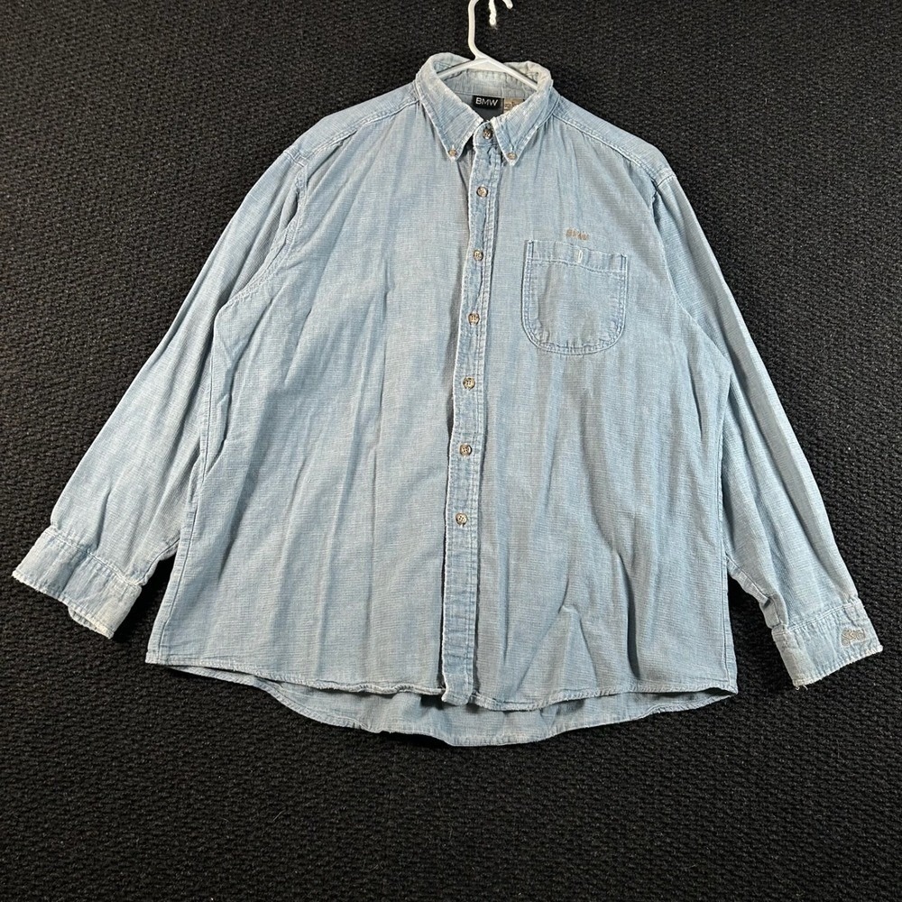 Vintage 70s BMW Dress and Ride Motorcycle Mens XL‎ Chambray Button Up Shirt Blue